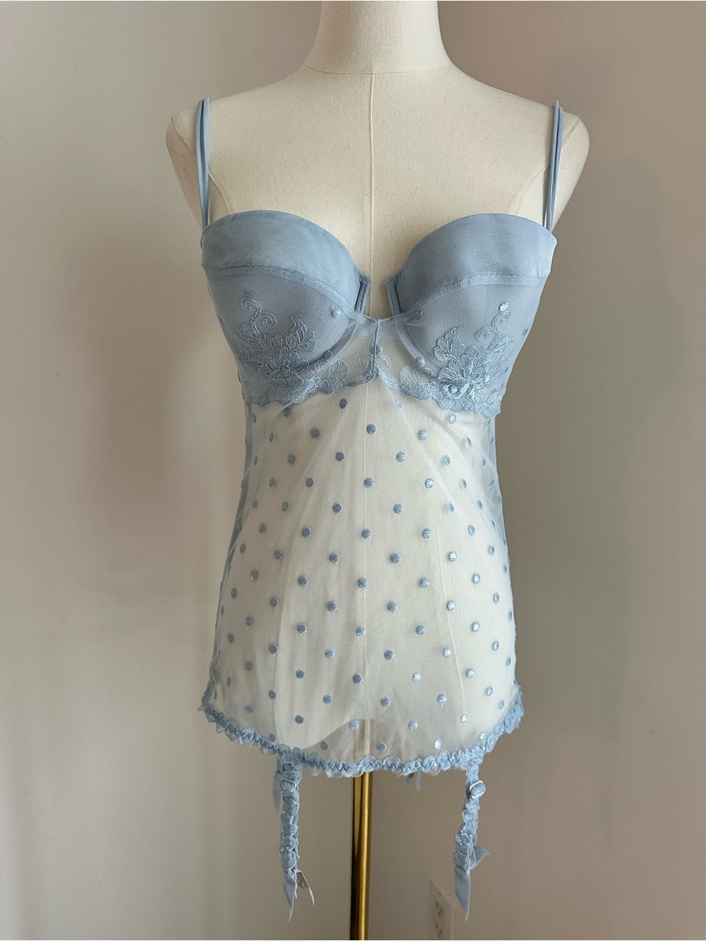 La Perla x Malizia Light Blue Sheer Lace Bustier with Polka Dot Mesh